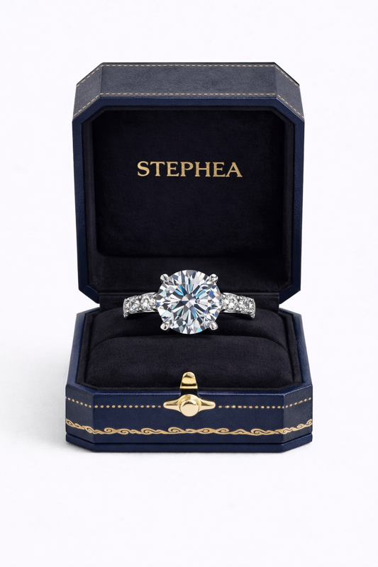 8 Carat E SI1 Round Brilliant Perfect Diamond Stephea Engagement Ring in 18k White Gold