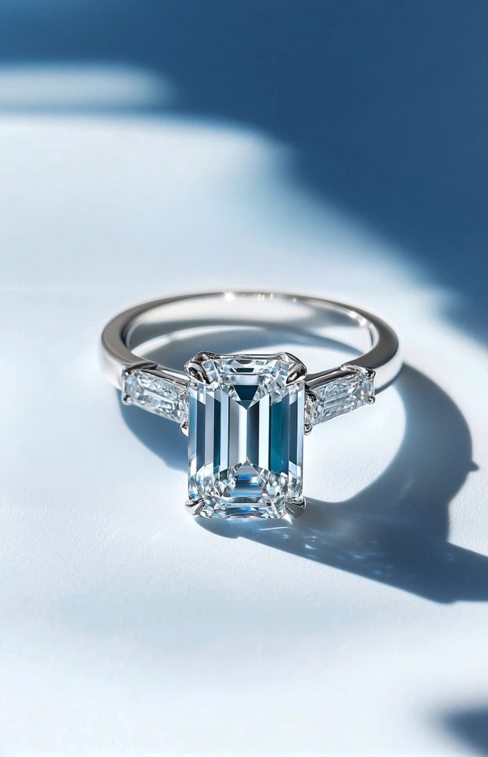 Stephea Classic Platinum and 5.12 Total Weight Emerald Cut Diamond Engagement Three Stone Ring
