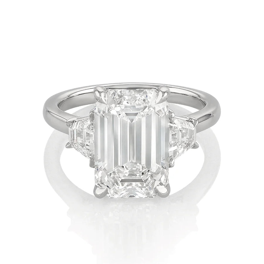 Stephea Classic Platinum and 5.12 Total Weight Emerald Cut Diamond Engagement Three Stone Ring
